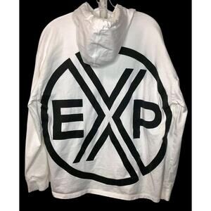 Rare Express Mens EXP Logo Print Long Sleeve Pullover Hoodie Size Large White